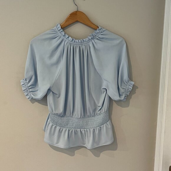 Ann Taylor Petite Light Blue Crossover Smocked Waist Blouse Top Size Small - Picture 9 of 9